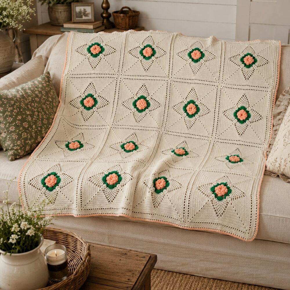 Vintage 3D Crochet Blanket Handmade Cream Squares Pink Roses Afghan Cottagecore